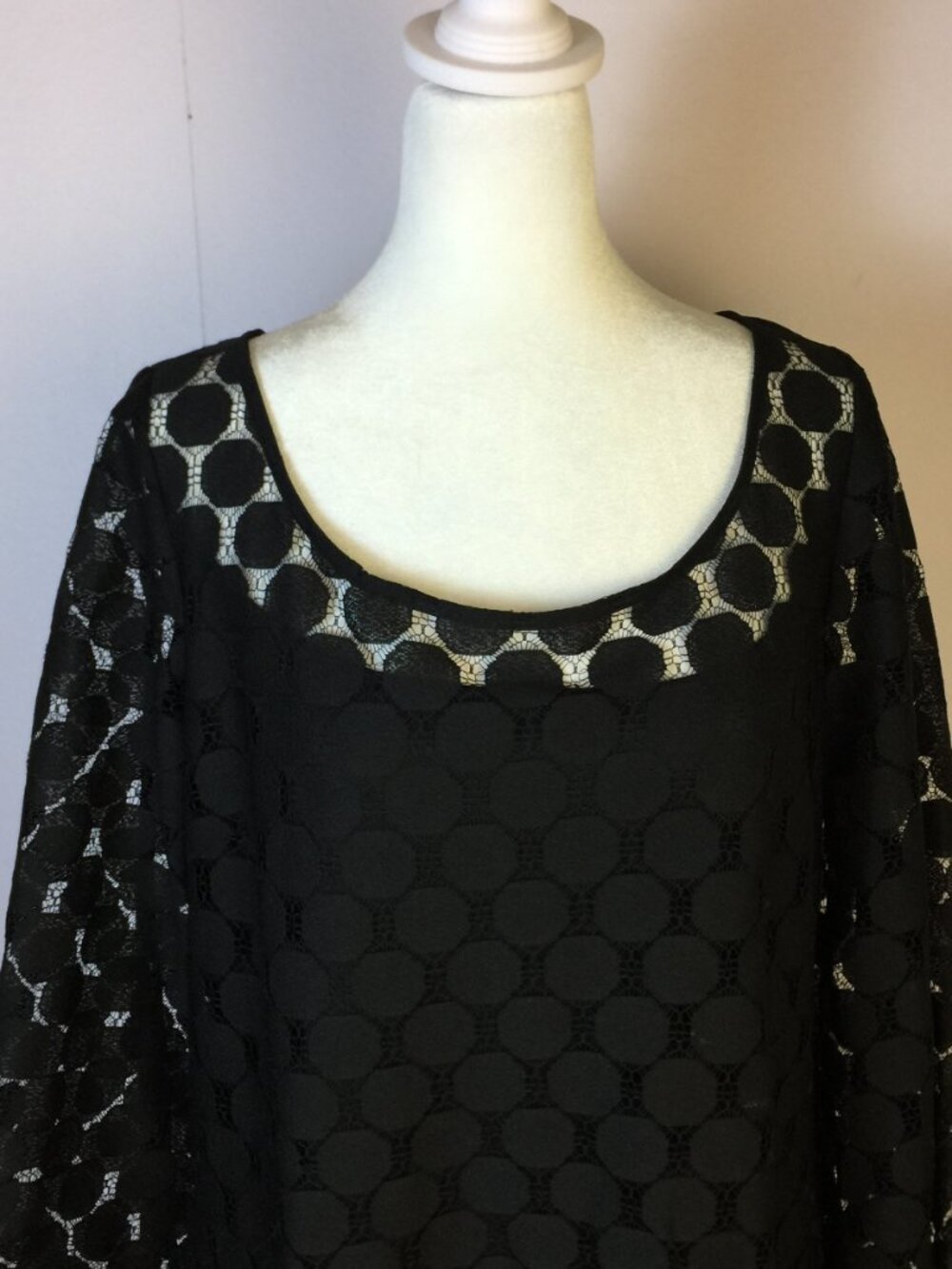 Muse Shift Dress Size 14 Womans Black Polka Dot Lace 3/4 Flared Sleeve Lined - Picture 11 of 13